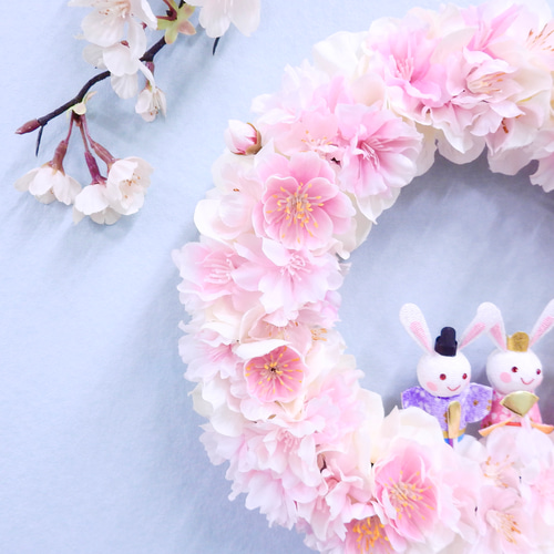 特集掲載 再販44＊満開の桜と桃の花リース 梅結び(お雛様・ひな人形