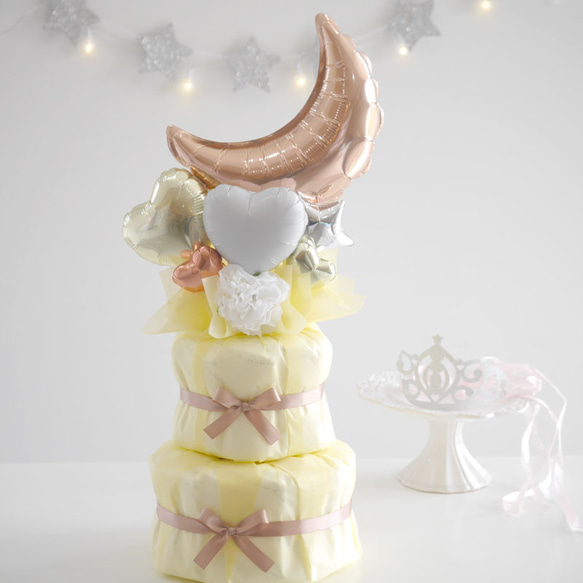 おむつケーキ 出産祝い 名入れ オムツケーキ 女の子 ニュアンスカラー 月 ベビーシャワー 飾り ベビー 7枚目の画像