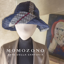 ブルー(青)格子ウール着物リメイク、接着加工バケツハット、限定商品　MOMOZONO original 1枚目の画像