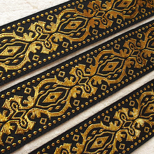 1mより 長さ延長可 エスニックチロリアンテープ 黒金☆インド刺繍