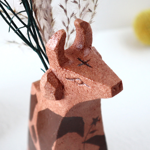 牛の置物・一輪挿し 『inori』 陶器 ドライフラワー付 一点物