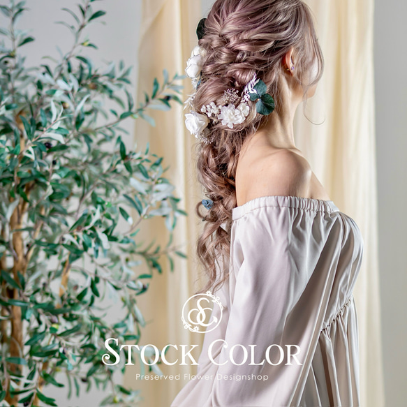 ラナンキュラスとユーカリのヘッドドレス/ヘアアクセサリー(プラチナホワイト-L )＊結婚式・成人式・ウェディングドレス 4枚目の画像