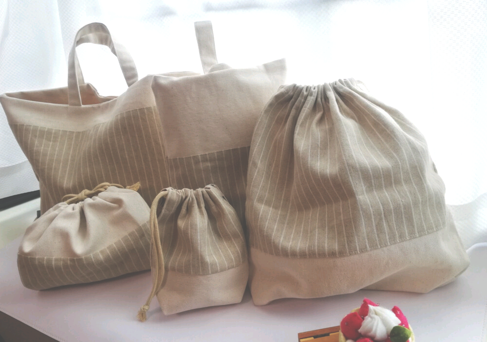 ☆送料無料☆【ベージュたてしま柄5点】コットンリネンのレッスンバッグ 上履き入れ 体操服袋 お弁当袋 コップ袋 入園入学