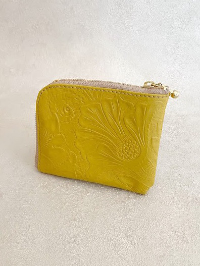 本革　コンパクト L字財布 ミニ　ボタニカル　マスタードイエロー