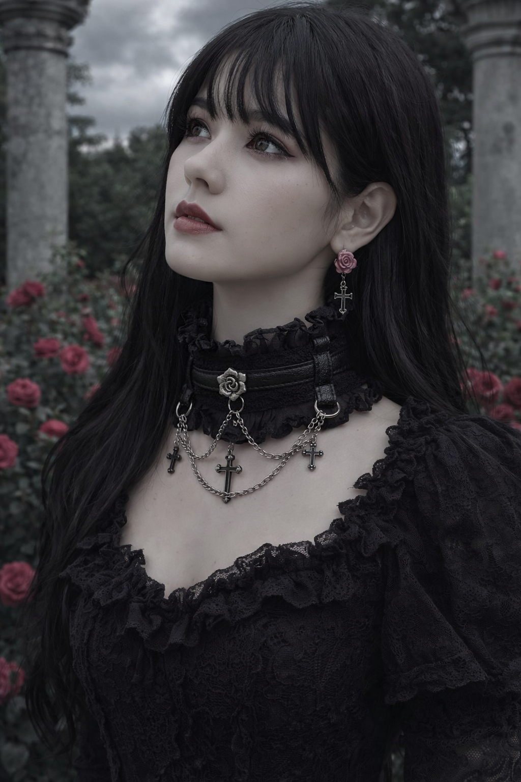 漆黒のゴシックチョーカー・薔薇＆十字架