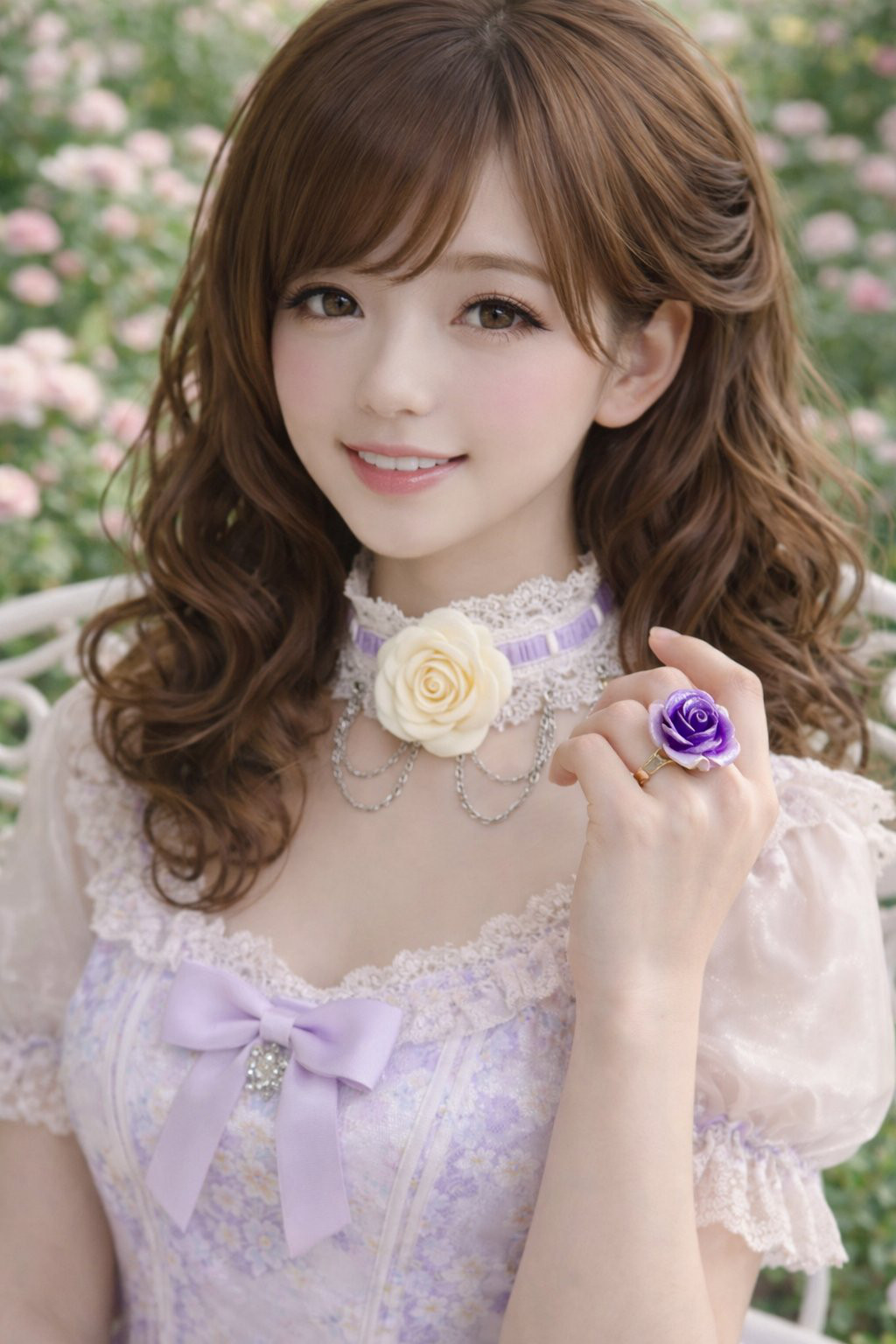 ゴスロリチョーカー・白薔薇造花・チェーン・紫