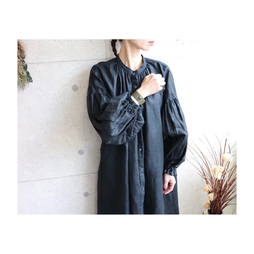 リネンシャツワンピース／フレンチリネンボリュームいっぱい袖の