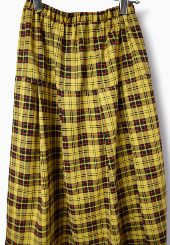タータンチェック 切り替えプリーツフレアロングスカート:イエロー 長