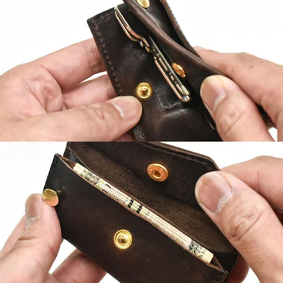 適合短途外出，鑰匙包錢包，旋轉鑰匙存儲，緊湊型錢包，簡約，天然馬皮革 JAW010 第16張的照片