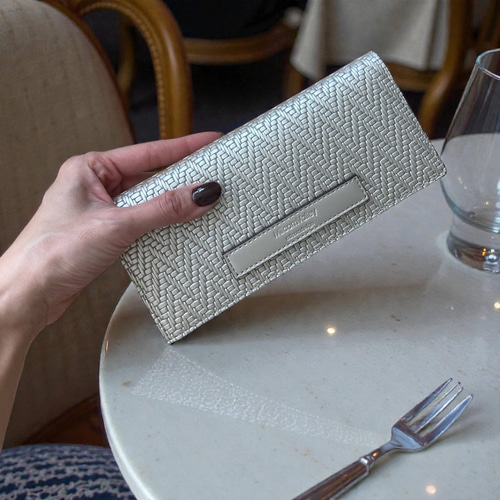 Pearl Glitter 牛革の薄い長財布 シャンパンゴールド レザー 本革