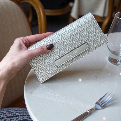 Pearl Glitter 牛革の薄い長財布 シャンパンゴールド レザー 本革