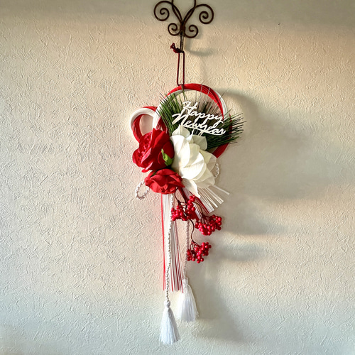 Happy New Year お正月飾り 水引飾り 和モダン バラ アマリリス 松 実