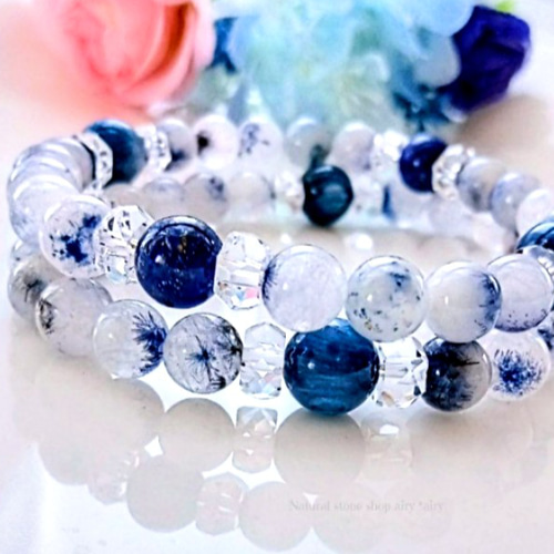 ✿青い華デュモルチェライトインクォーツ７.5mm&カイヤナイトキャッツ