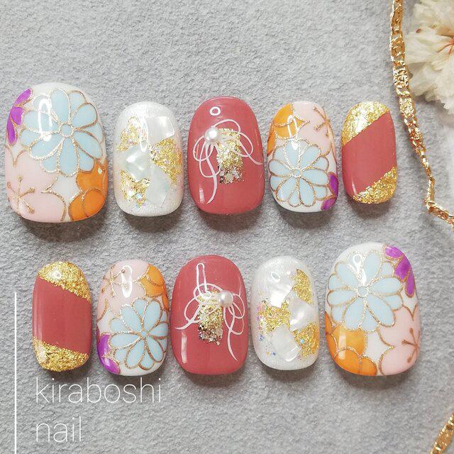 ①★テラコッタ赤系♡水色フラワー着物・和装・成人式・色打掛ネイル【注文時サイズ必須です♡　【vol.８】