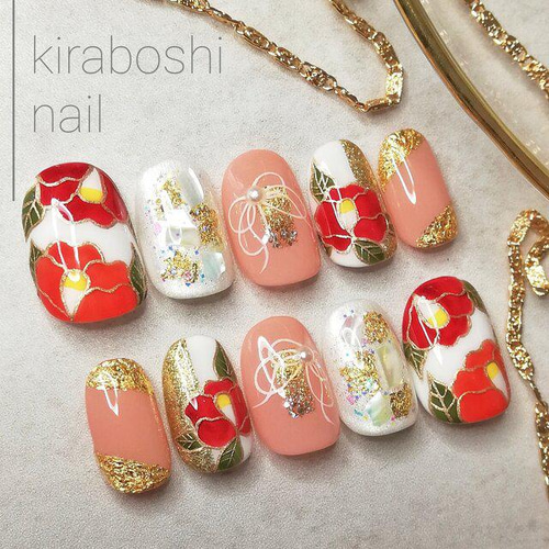 ☆椿④明るめ和サーモンピンク♡着物・和装・成人式・色打掛ネイル  