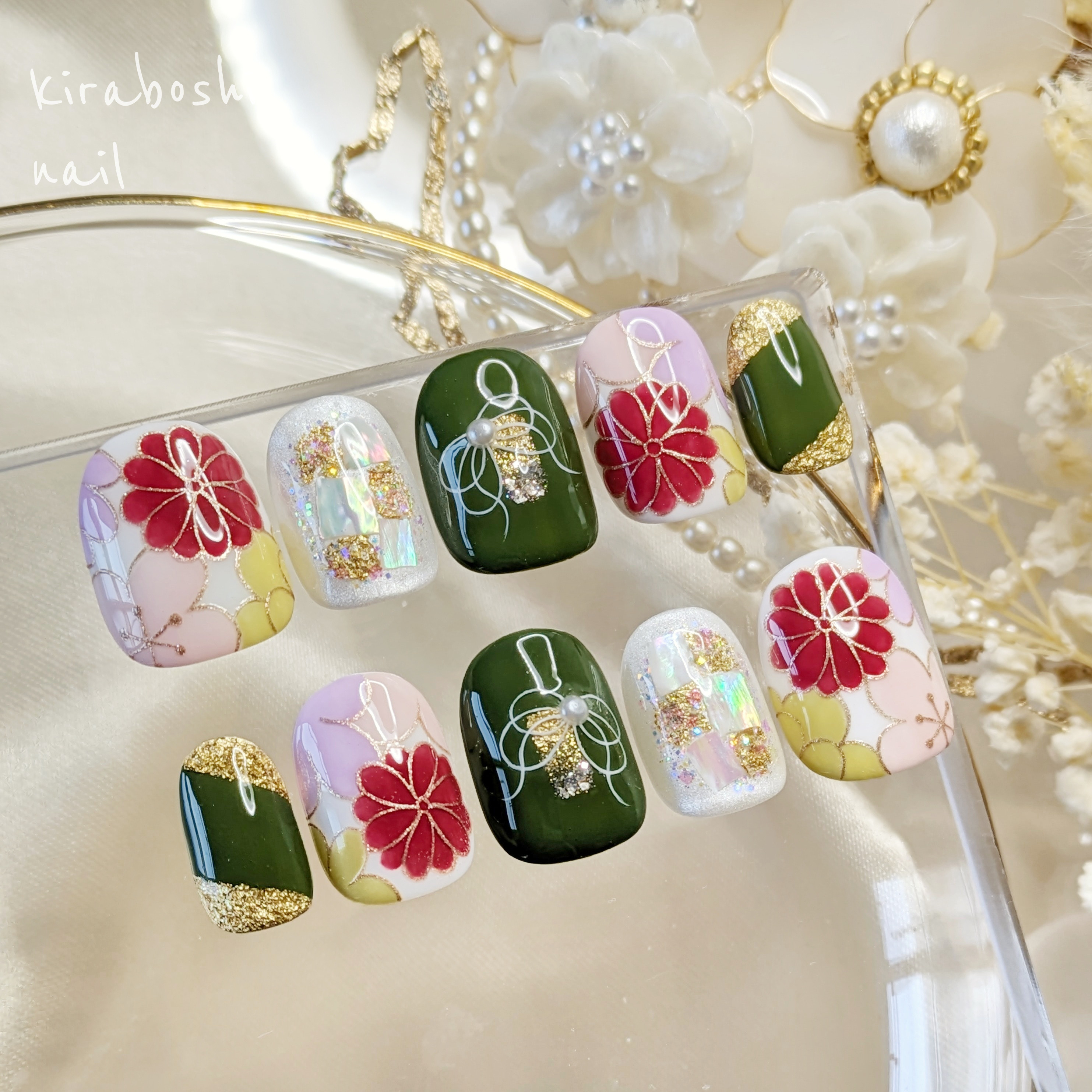 ★㉒抹茶グリーン♡着物・和装・成人式・色打掛ネイル【注文時サイズ必須です♡　【vol.８】