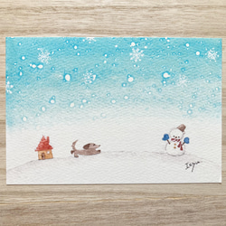 3枚セット「雪遊びが大好きなダックスフント　その2」水彩画イラストポストカード　ダックスフンド　寒中見舞い　年賀状　犬 2枚目の画像