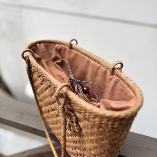 山葡萄籠バッグ 手作り かごバッグ 網代編み、花編み オリジナル
