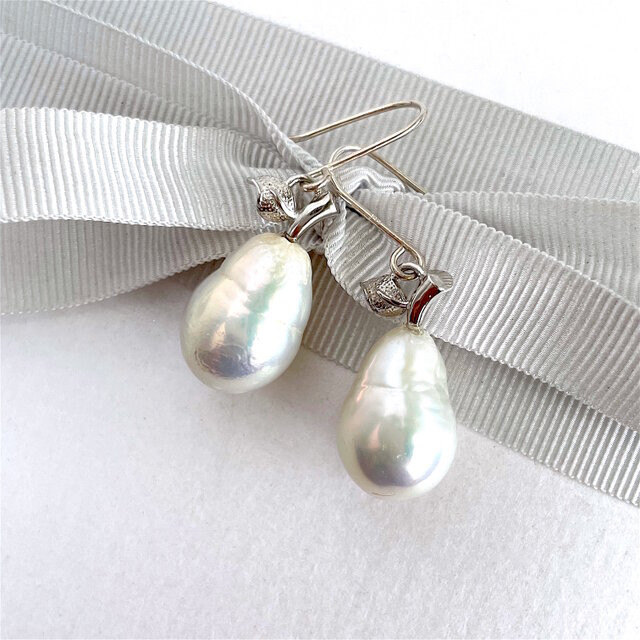 マルモ◆ラフカット✧インカローズ×淡水パールアシンメトリーピアス