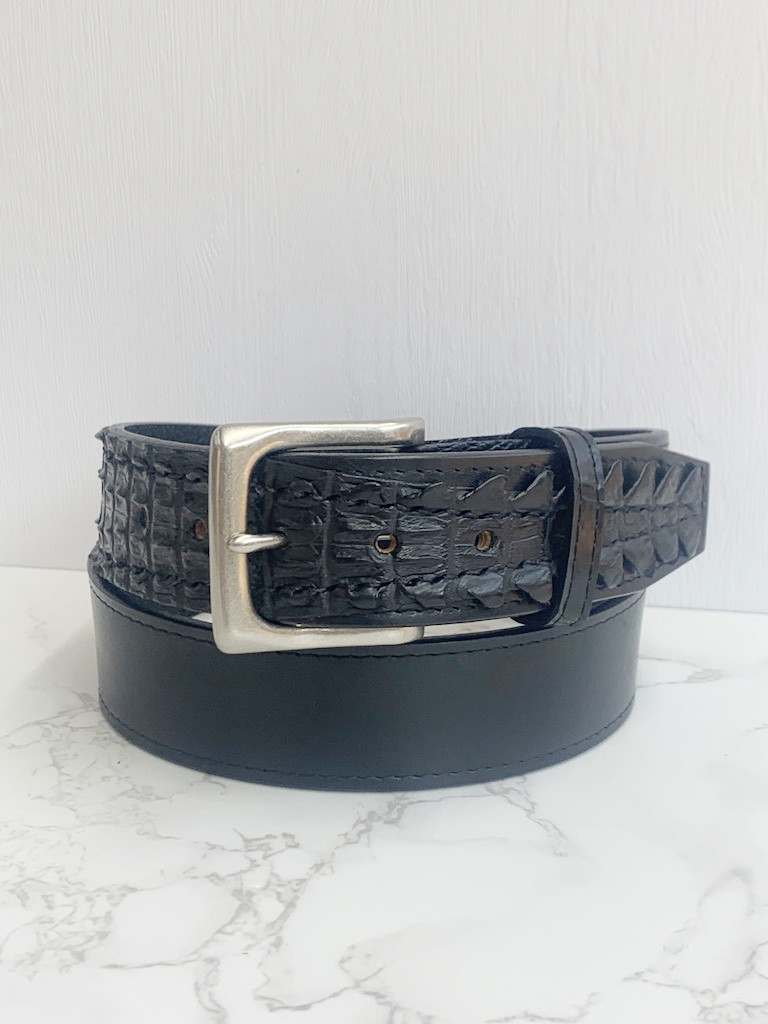 日本製　クロコダイル　背テール　マット仕上げ　牛革コンビ　４０㎜巾　上質　ベルト　ハンドステッチ　エキゾチックレザー
