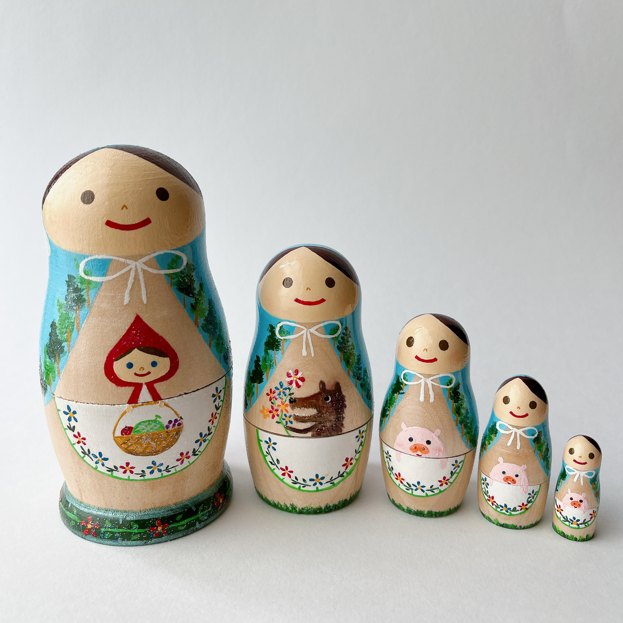 【受注制作】森林頭巾に虹★マトリョーシカ 1本道に 赤ずきん 狼 三匹のこぶた