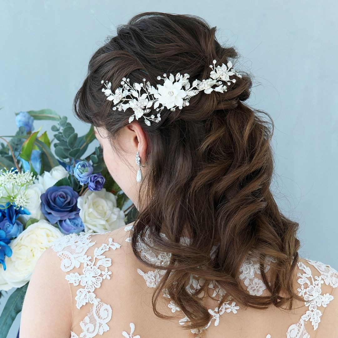 ヘッドドレス【エメリー】H-145|小枝 シルバー 花嫁 結婚式 ウエディング 花 フラワー リーフ ナチュラル 着物