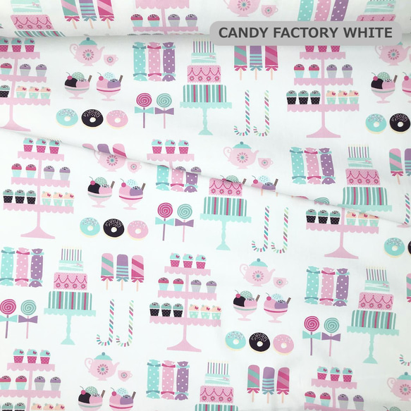 綿オックス生地 「CANDY FACTORY WHITE/MINT」オリジナルプリント50cm以上から切売　商用利用不可 4枚目の画像