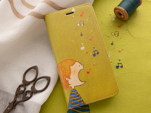 はなうた歌う女の子  手帳型スマホケース ベルトなし ✶ SE3 SE2 iPhone16 音符 春色 グリーン ✶ 10枚目の画像