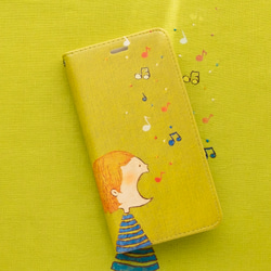 はなうた歌う女の子  手帳型スマホケース ベルトなし ✶ SE3 SE2 iPhone16 音符 春色 グリーン ✶ 1枚目の画像