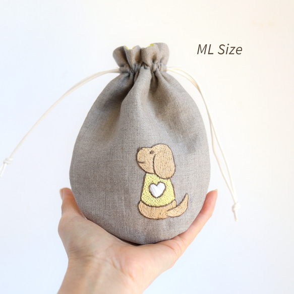 【カラー・サイズ変更可】ミニチュアダックス刺繍のミニリネン巾着（ハート）【受注生産・ドネイション対応】 10枚目の画像