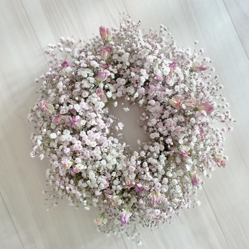 すずらんと小花 リース：ミモザ 白 黄色 ピンク 水色 リース は