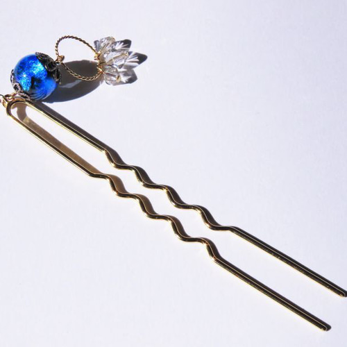 かんざし ほたる玉 ホタルガラス スワロフスキー 二又 和装 ブルー 青