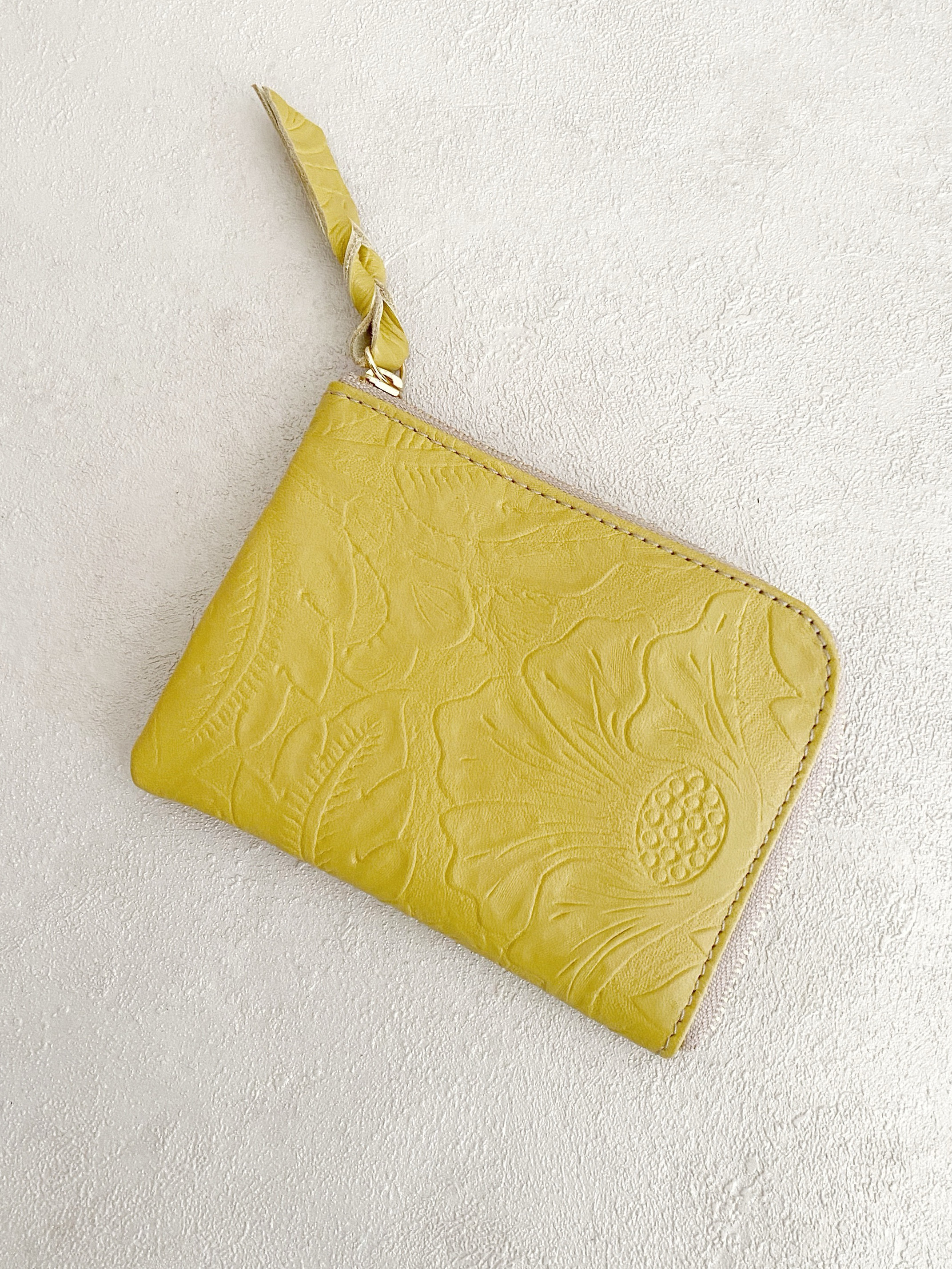 大きい L字財布 本革 カードケース ボタニカル柄 マスタードイエロー