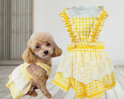 犬服 No.193 かすれ風チェックワンピース ハンドメイド d8ad729e45fd3b423779064adf5f87