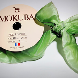 フランス製リボン　MOKUBA　木馬リボン　グラデーション　グリーン系　4ｃｍ幅 2枚目の画像