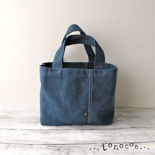 受注生産〕ヴィンテージ帆布の仕切りミニトートバッグ(ネイビー  