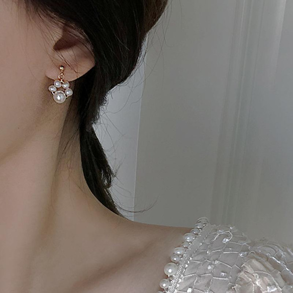 母の日『猫の足』韓国風 真珠淡水パール リボン ピアス 人工