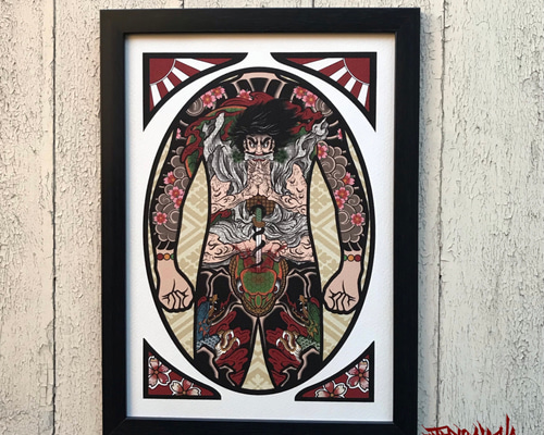 日本画 生首 A4サイズ 尾九 刺青画 男子背中ノ図 鬼童丸 桜吹雪 A4サイズ イラスト bbqcomic