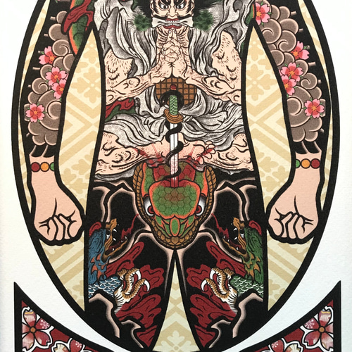 尾九 刺青画 男子背中ノ図 鬼童丸 桜吹雪 A4サイズ 插畫