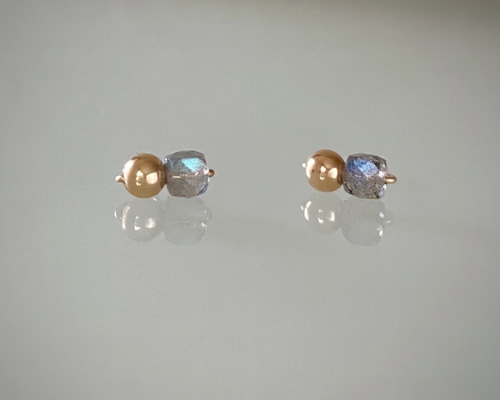 14KGF】高品質ラブラドライト×ゴールドボールのスタッドピアス-2way