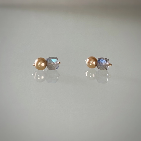 14KGF】高品質ラブラドライト×ゴールドボールのスタッドピアス-2way