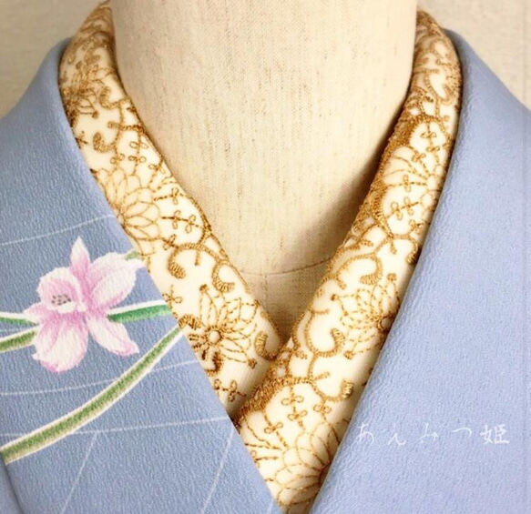 【ラスト】洗える刺繍半衿　金茶レース 2枚目の画像