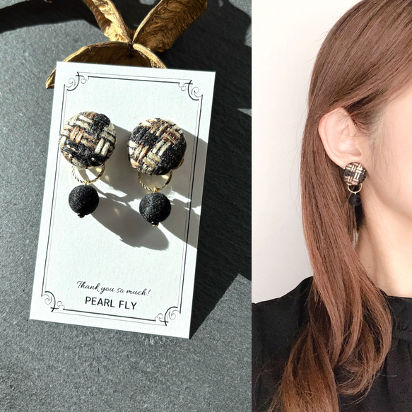 ブラック×フロッキー＊サージカルステンレスピアス　樹脂/チタン/k14gf/イヤリング/黒 1枚目の画像