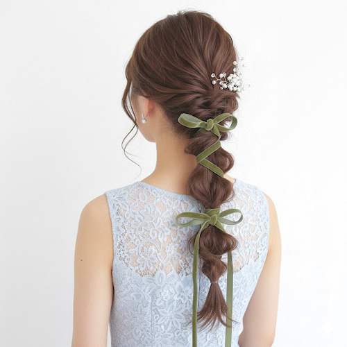 ♥️150【モスグリーン】ベロアリボン ポニーフック ヘアリボン