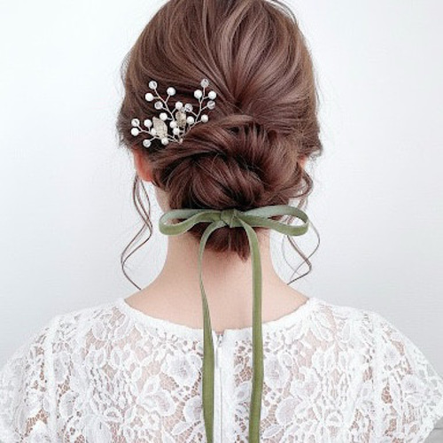 ♥️150【モスグリーン】ベロアリボン ポニーフック ヘアリボン