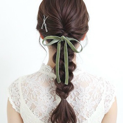 ♥️150【モスグリーン】ベロアリボン ポニーフック ヘアリボン