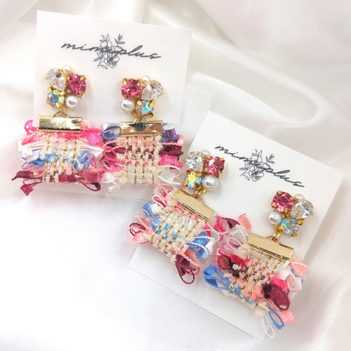 72b ピンク ツイード ビジュー イヤリング ピアス リボン 大人綺麗 
