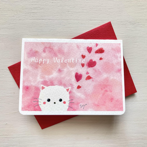 2枚セット「ハート猫ちゃん」水彩画イラストミニカード バレンタイン