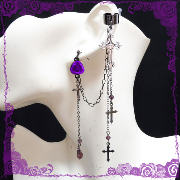 ゴシック・パンク・ゴスロリ・V系薔薇＆十字架のピアス＆イヤーカフス