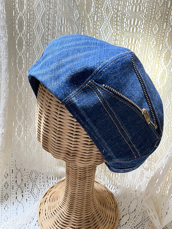●rejser blå デニムリメイクベレー帽 （ぽっこりタイプ）ファスナーデザイン 1枚目の画像